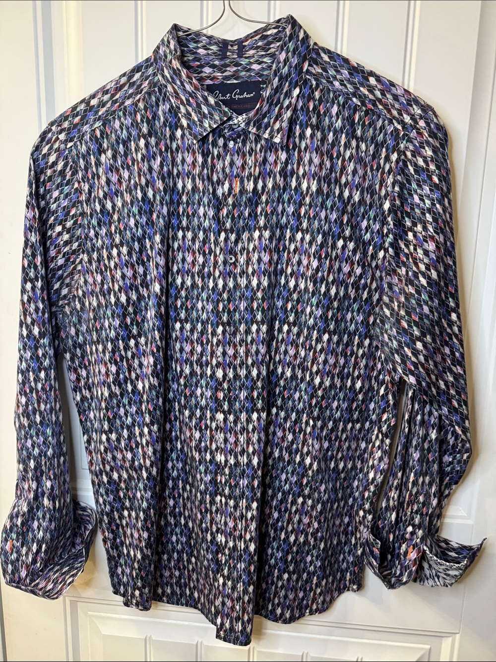 Robert Graham Navy Multicolor Diamond-Print Button-Down Shirt XL